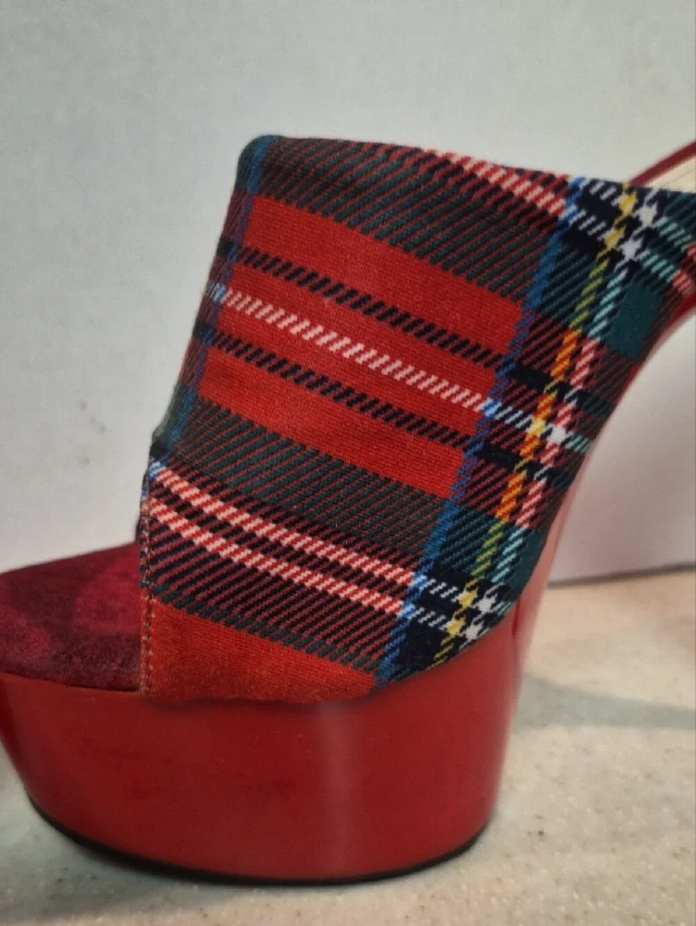 Forplay Red Plaid Platform Slide Heels with Multicolor Tartan Upper 8